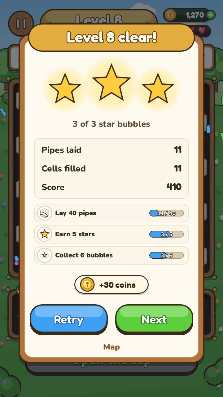 The level cleared card with three of three stars and the coins earned