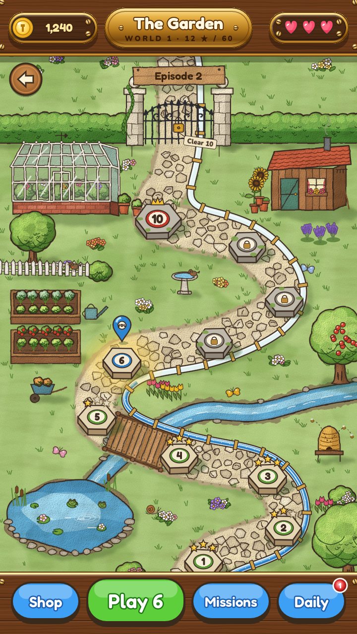 The Garden saga map, a winding path of levels past a greenhouse and a pond