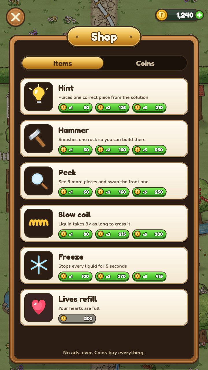 The shop's power-ups: Hint, Hammer, Peek, Slow coil, Freeze and a lives refill