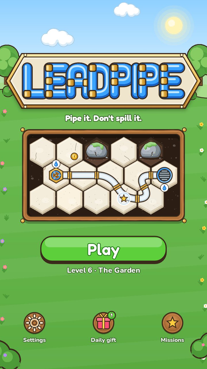The title screen with the Leadpipe logo and a small board